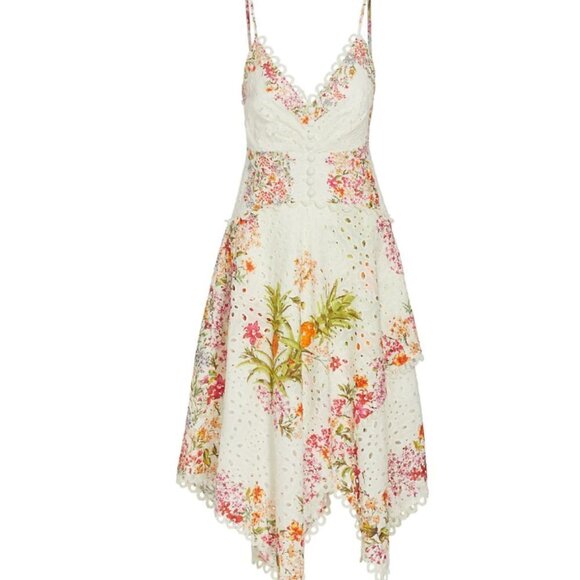 Farm Rio Women’s Delicate Forest Scarves Eyelet Midi Dress